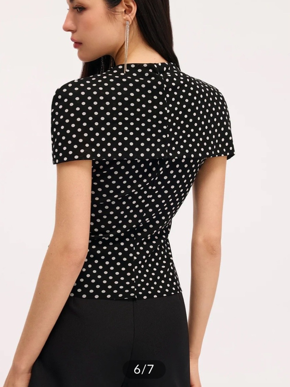 Commense Black Polka Dot Cut-out Ruched Draped Short Sleeve Top - Picture 7 of 7